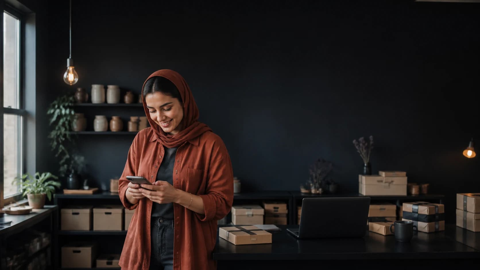 صاحب یک کسب‌وکار آنلاین در حال مدیریت تعاملات مشتری با موبایل
